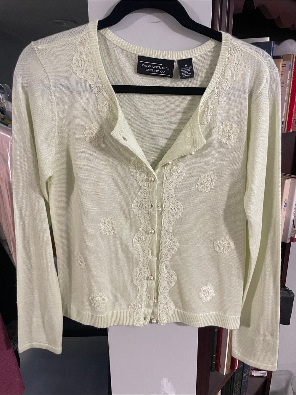 New York City Design Co. Cream Lace-Trim Pearl Cardigan